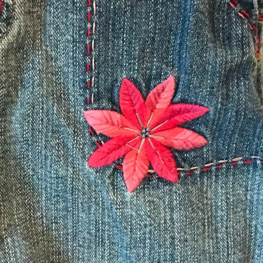 Vintage Gap Overall Dress Girls Size 2 Flower Handstitched Patchwork Snap Denim